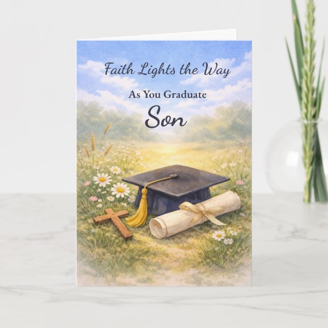 Son Graduation Religious Cap and Cross Card (Front)