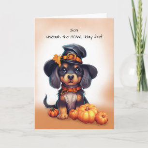 Son Halloween Cute Black Dog Wearing Hat Card