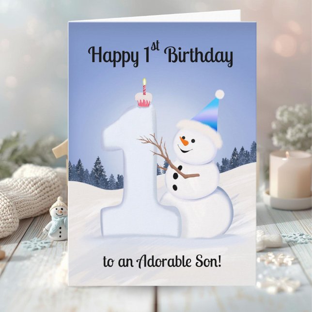 Son Happy 1st Birthday Snowman Building Card (Creator Uploaded)