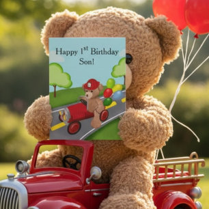 Son Happy 1st Birthday Teddy Bear in Firetruck Card