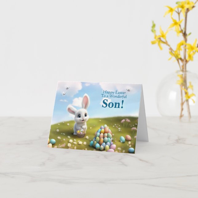 Son Happy Easter Cute Bunny  Card (Yellow Flower)