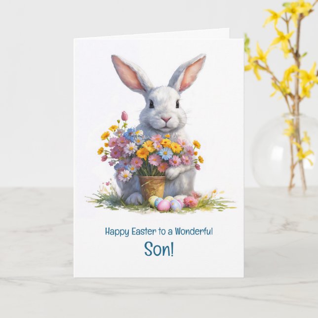 Son Happy Easter Cute Bunny Rabbit and Easter  Card (Yellow Flower)