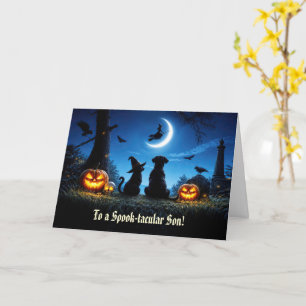 Son Happy Halloween Cat Dog Cute Moon and Witch Card