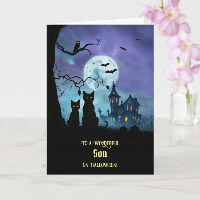Son Happy Halloween Cute Haunted House  Card (Orchid)