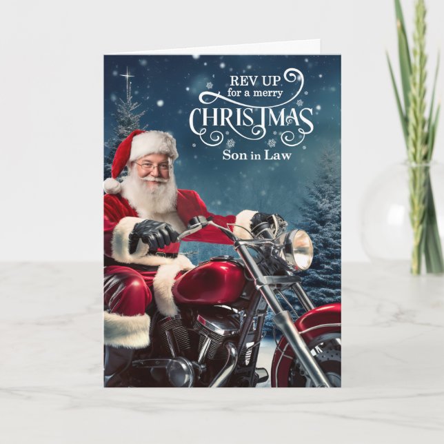 Son in Law Biker Santa Christmas with Winter Pines Holiday Card (Front)