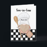 Son in Law Birthday Whimsical Gnome Chef Cooking Card<br><div class="desc">Introducing our delightful birthday card designed to honour the culinary maestro in your life! This charming card features a whimsical gnome donning a chef's hat, complete with a bushy beard, standing on a classic black and white kitchen floor. With a wooden spoon in one hand and a pot holder in...</div>