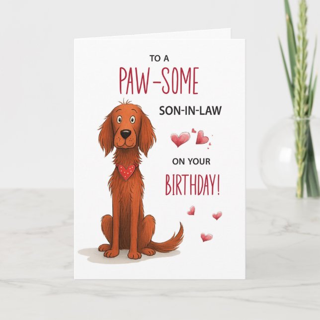 Son in Law Irish Setter Whimsical Birthday Card (Front)