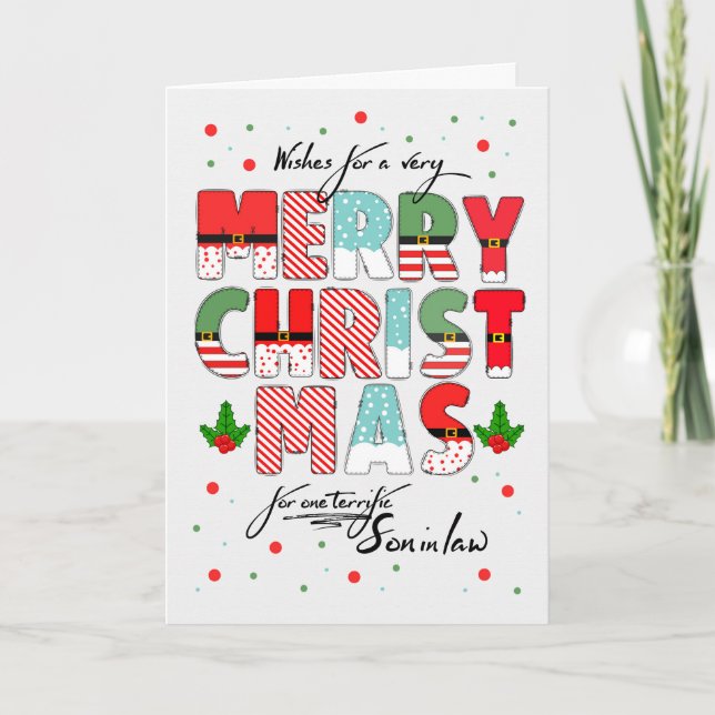Son in Law Merry Christmas Decorated Lettering Holiday Card (Front)