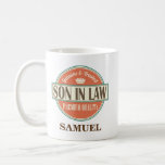 Son in Law Personalised Office Mug Gift<br><div class="desc">Funny vintage logo says genuine and trusted premium quality Son in Law.  Give a unique customised appreciation gift to Your Son in Law as a birthday gift or Father's day gift.  Personalised with their name.</div>