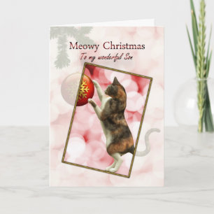Son, Meowy Christmas with a playful cat. Holiday Card