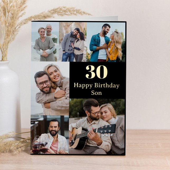 Son Name or Relation Any Age 6 Photo Gold Foil Greeting Card (Creator Uploaded)