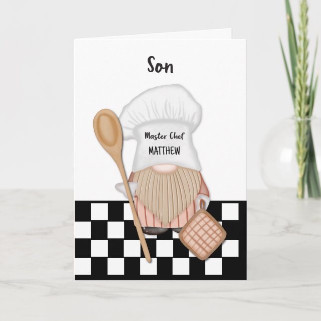 Son Personalise Fathers Day Whimsical Gnome Chef Card (Front)
