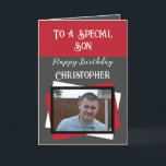 Son photo name grey red birthday card<br><div class="desc">To a special son.
Happy birthday.
Add a name and photo.
Grey,  red and black.</div>