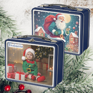 Son Photo   Santa Delivering Gifts   Kids Blue Metal Lunch Box