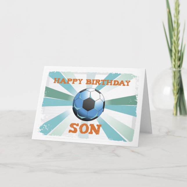 Son Soccer Birthday with Ball, Orange on Teal and Card (Front)
