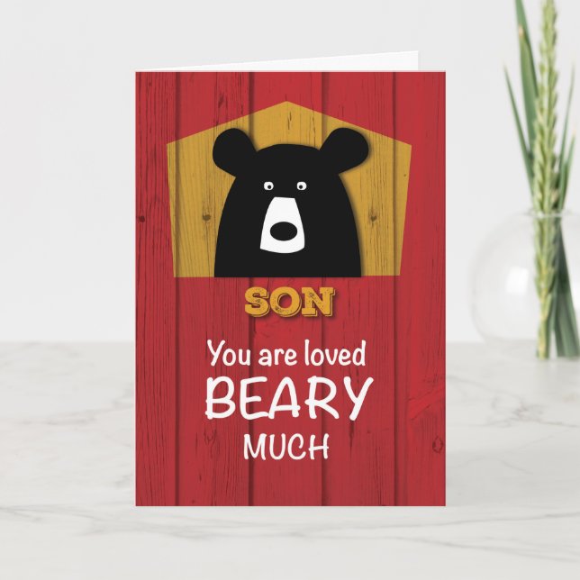 Son, Valentine Bear Wishes on Red Wood Grain Look Holiday Card (Front)
