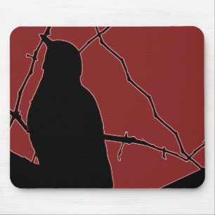 Song Bird Black Silhouette on Maroon Mouse Pad
