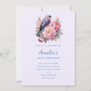 Song Bird Sitting atop Pink Peonies Birthday Invitation