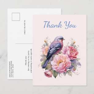 Song Bird Sitting atop Pink Peonies Thank You Postcard