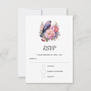 Song Bird Sitting atop Pink Peonies Wedding RSVP Card