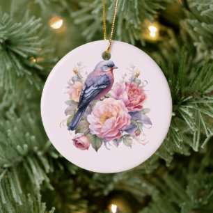 Song Bird Standing atop Pink Peonies Ceramic Ornament