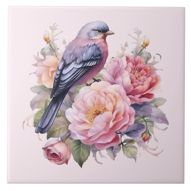 Song Bird Standing atop Pink Peonies Ceramic Tile (Front)