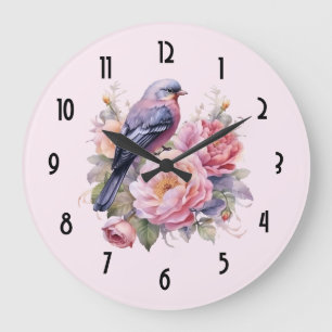 Song Bird Standing atop Pink Peonies Large Clock