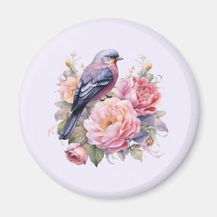 Song Bird Standing atop Pink Peonies Magnet
