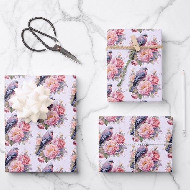 Song Bird Standing atop Pink Peonies Pattern Wrapping Paper Sheet (Front)