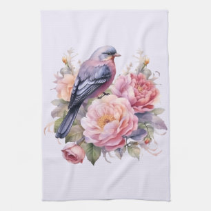 Song Bird Standing atop Pink Peonies Tea Towel