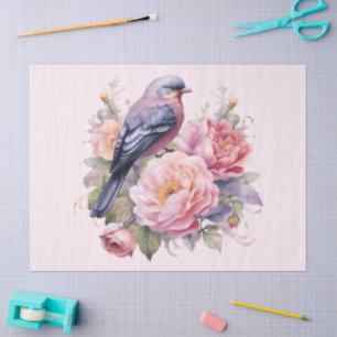Song Bird Standing atop Pink Peonies Tissue Paper