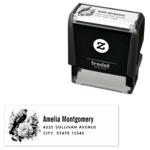 Song Bird Standing atop Pretty Peonies Address Self-inking Stamp