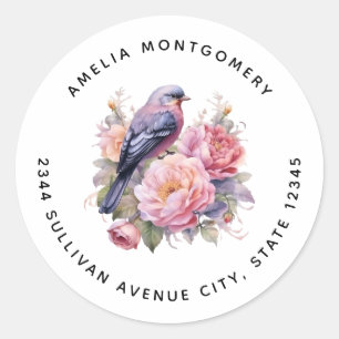 Song Bird Standing on Pink Peonies - Address Classic Round Sticker