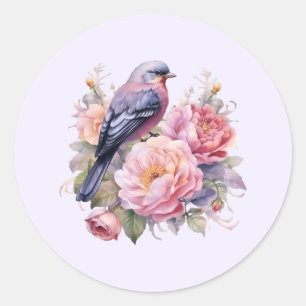 Song Bird Standing on Pink Peonies Classic Round Sticker