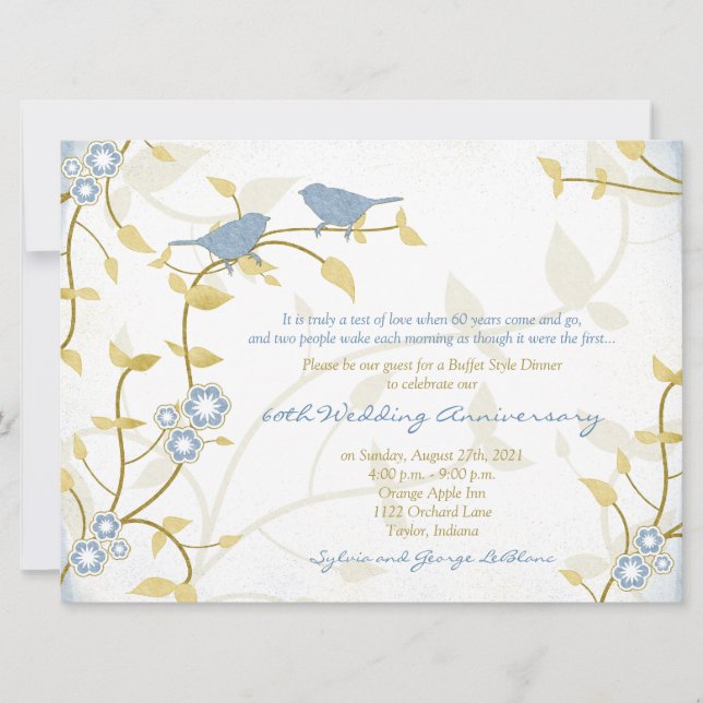 Song Birds Blue Gold Diamond Wedding Anniversary Invitation (Front)