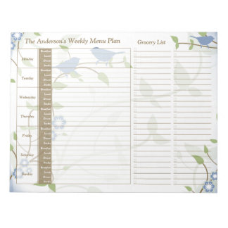 Song Birds Floral Weekly Personalised Meal Planner Notepad