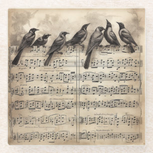 song birds sitting on a musical composition glass coaster