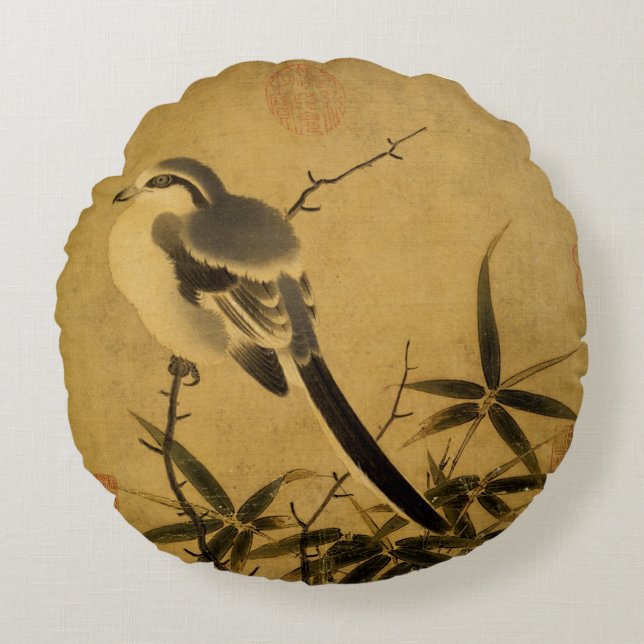 Song Dynasty Bamboo & Shrike Bird Round Cushion (Front)