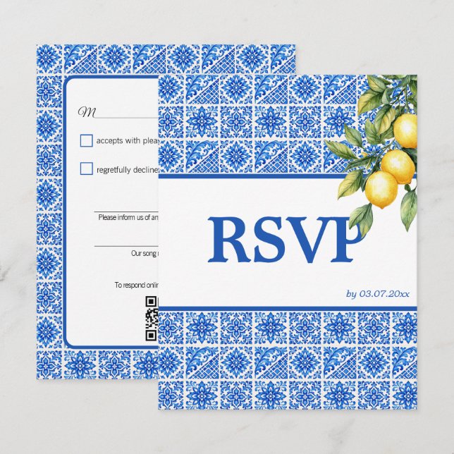 🌈  Song request + QR code Azul & Limone Romance RSVP Card (Front/Back)