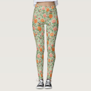 Songbird Floral Botanical - Orange Blooms Mint Hue Leggings