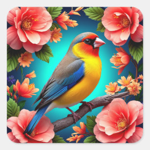 🐦 Songbird Floral Perch Bright Garden Nature Art  Square Sticker