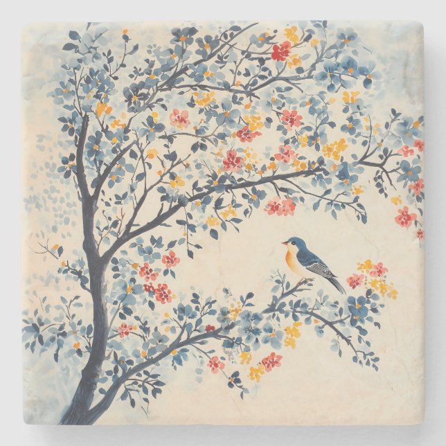 Songbird in a Tree Chinoiserie Stone Coaster (Front)