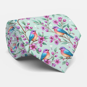 Songbirds and Purple Flowers - Soft Mint Tie