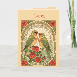 Songbirds and Red Roses Art Nouveau Vintage Illust Card