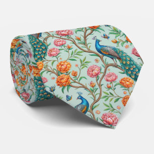 Songbirds Blooms Leaves Botanical - Mint Backgroun Tie