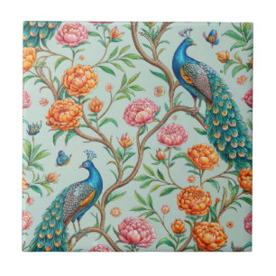 Songbirds Blooms Leaves Botanical Mint Background Ceramic Tile