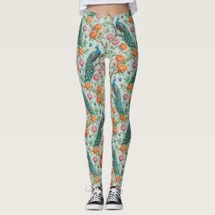 Songbirds Blooms Leaves Botanical Mint Background Leggings
