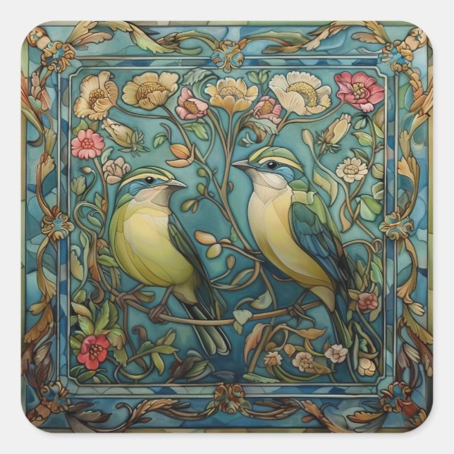 Songbirds in Love Art Nouveau Square Sticker (Front)