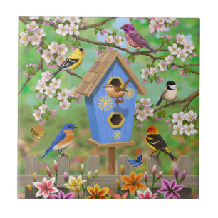 Songbirds Lily Garden Birdhouse Ceramic Tile