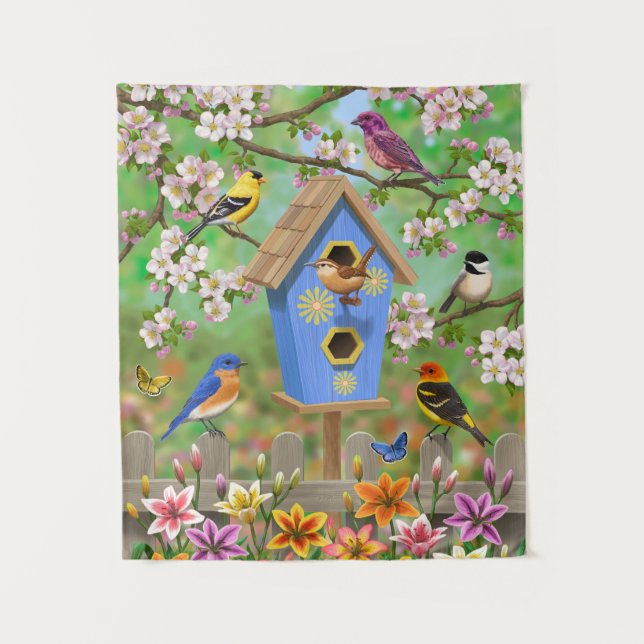 Songbirds Lily Garden Birdhouse Tapestry (Front)